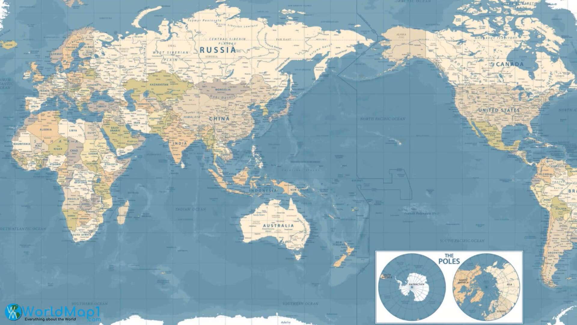 World Countries Map with The Poles